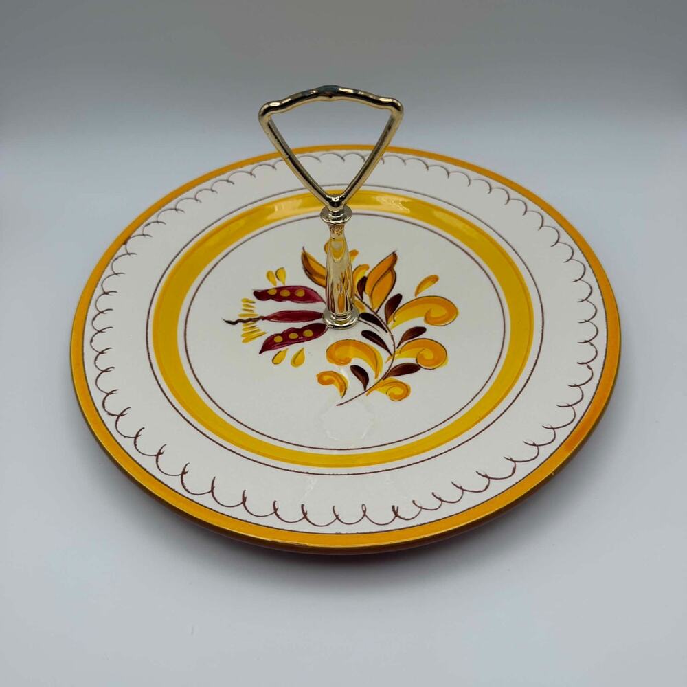Vintage Stangl Pottery Server Tray Plate Yellow Provincial Pattern Gold Handle